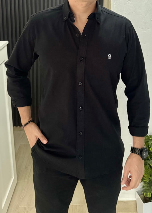 Camisa De Manga Larga Lino Negro Hombre