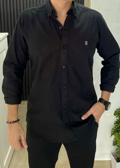 Camisa De Manga Larga Lino Negro Hombre