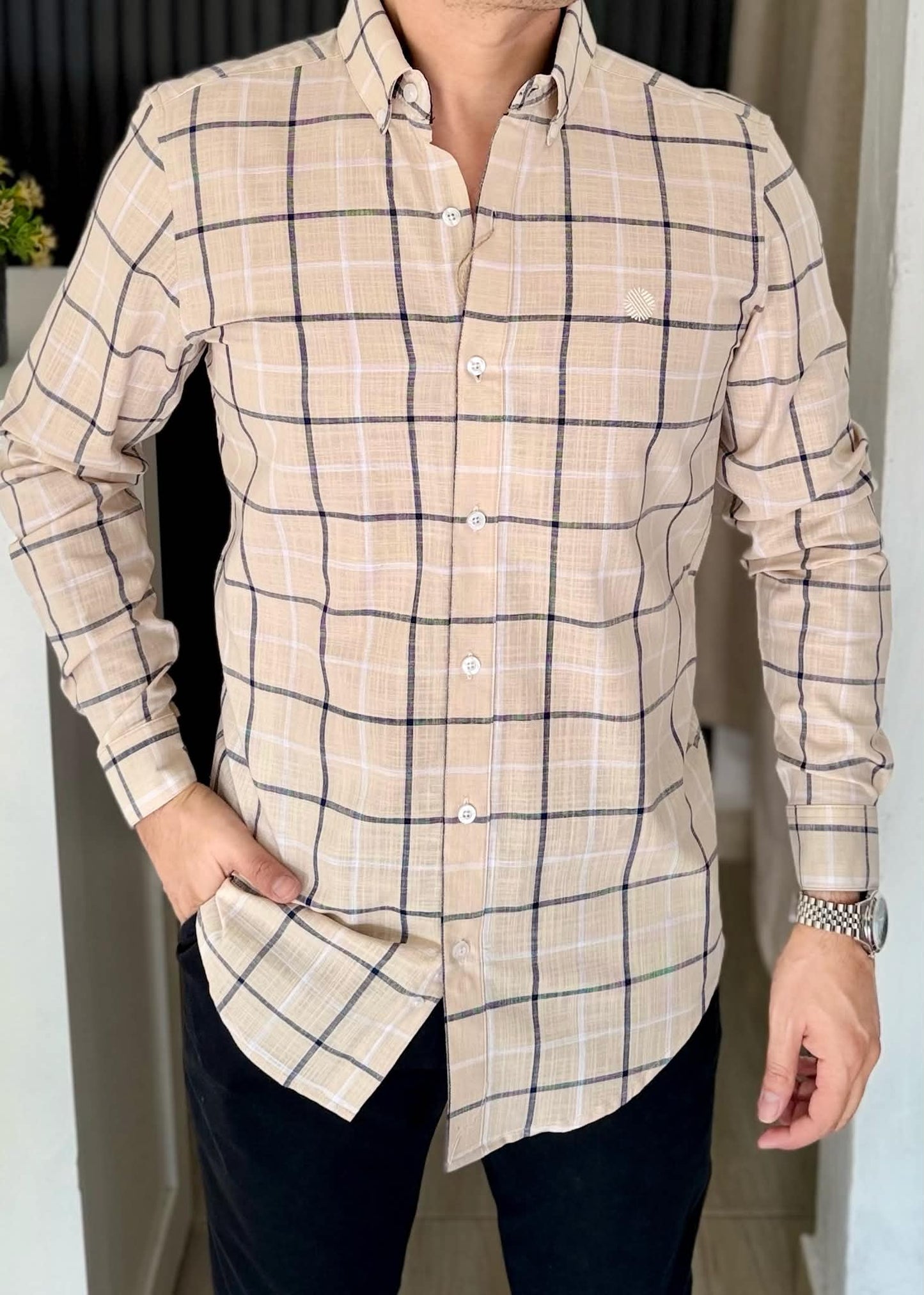 Camisa Manga Larga a Cuadros Beige de Lino para Hombre | Fresca, Ligera y Cómoda