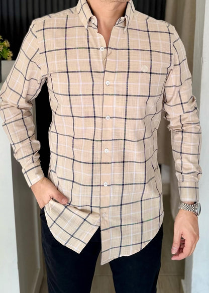 Camisa Manga Larga a Cuadros Beige de Lino para Hombre | Fresca, Ligera y Cómoda