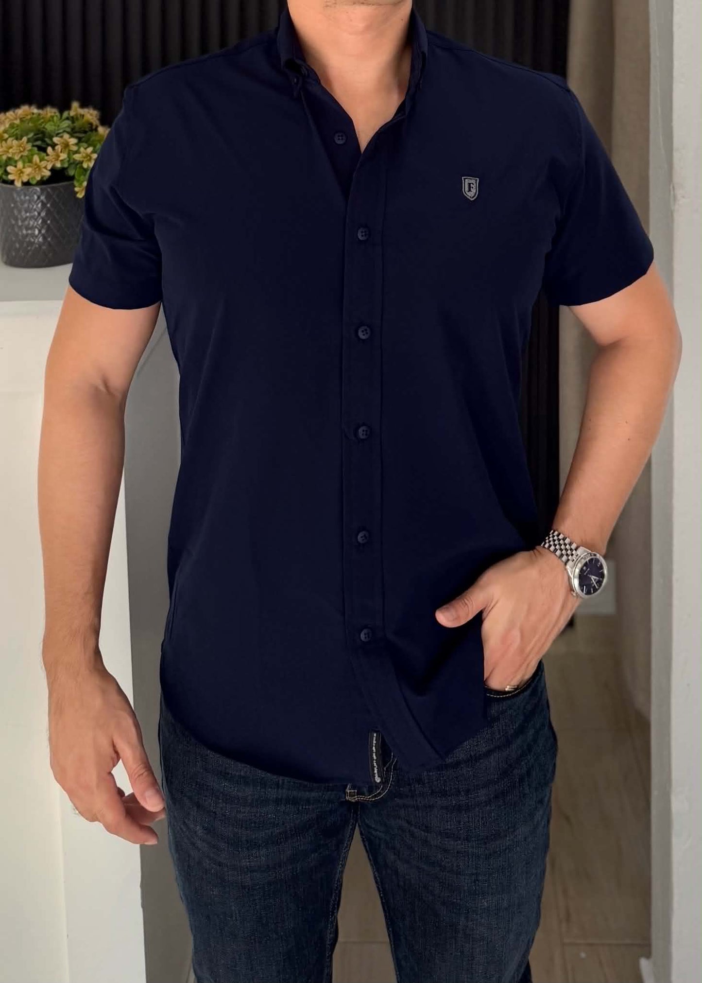 Camisa De Manga Corta Dryflex Azul Marino Para Hombre | Elegante y fresca