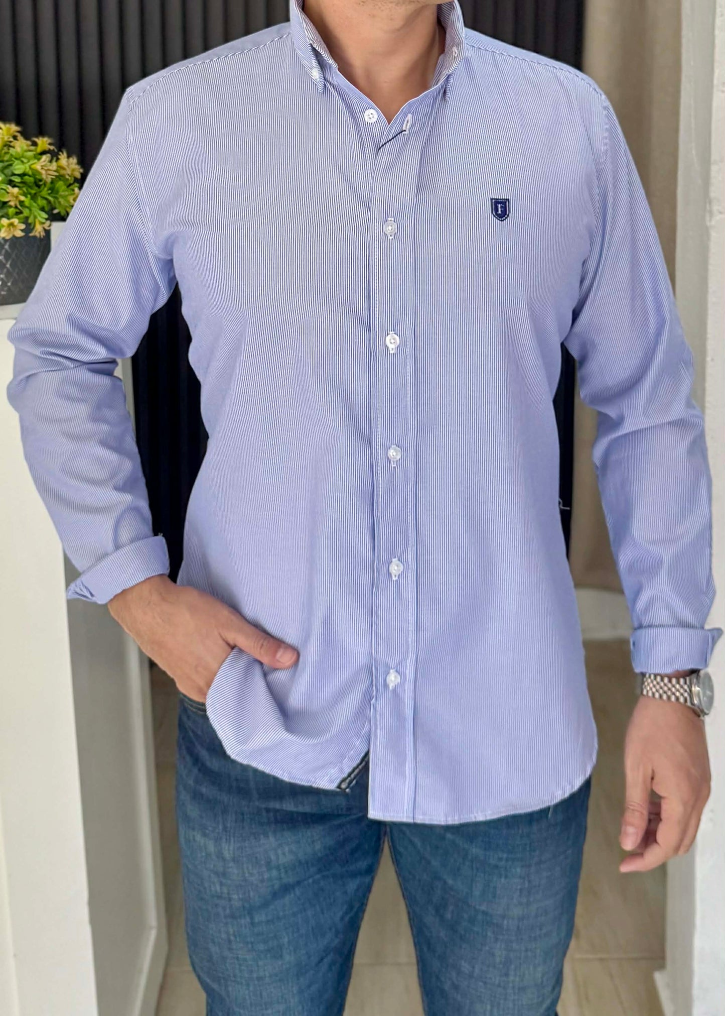 Camisa de Manga Larga A Rayas Azules FOR 3351