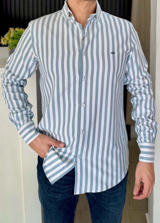 Camisa Manga Larga a Rayas Azules de Algodón para Hombre | Botones de Madera y Estilo Elegante