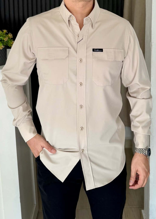 Camisa Fisher Hombre Manga Larga Beige Alto Rendimiento