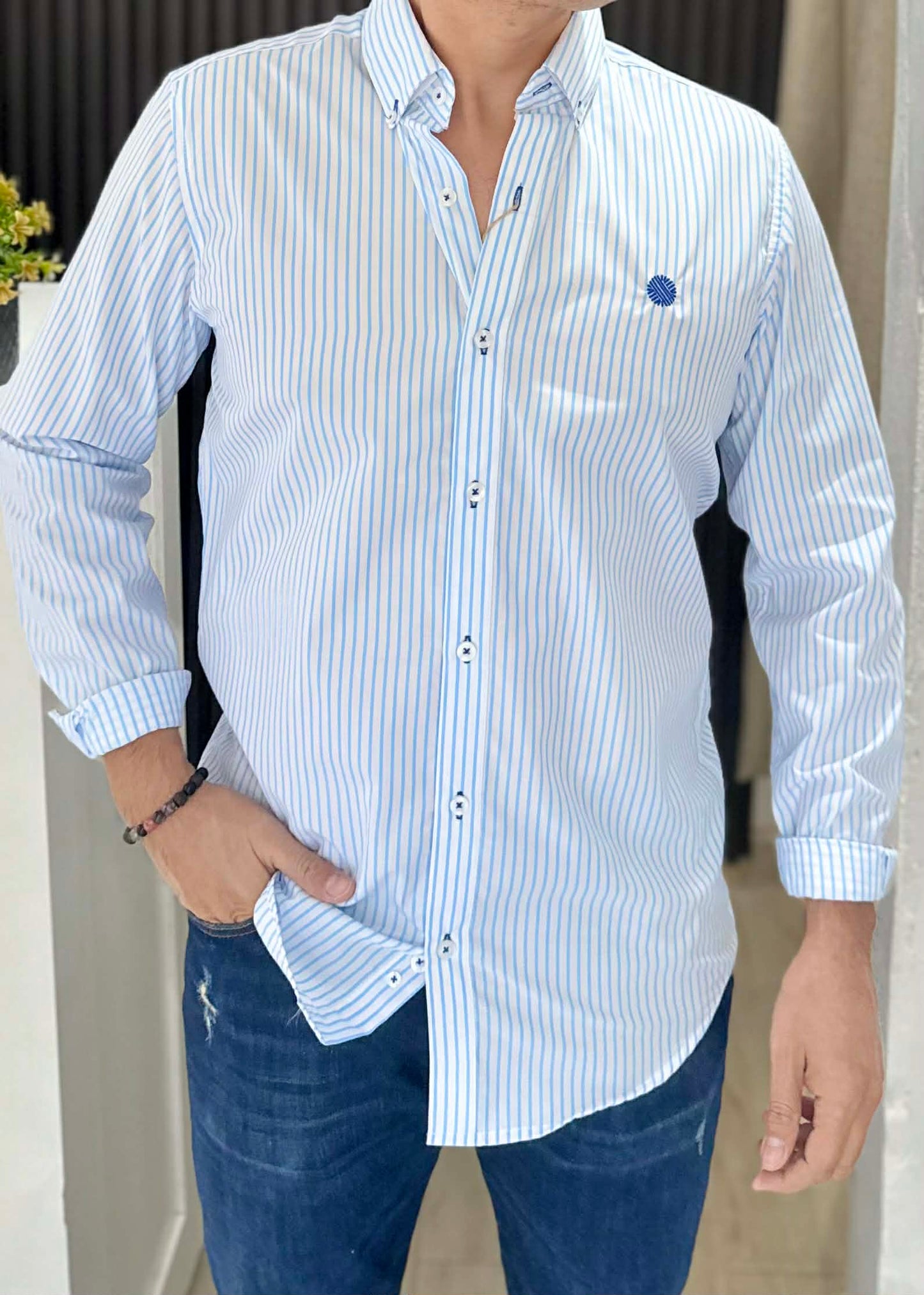 Camisa De Manga Larga A Rayas Azules  MR-1540