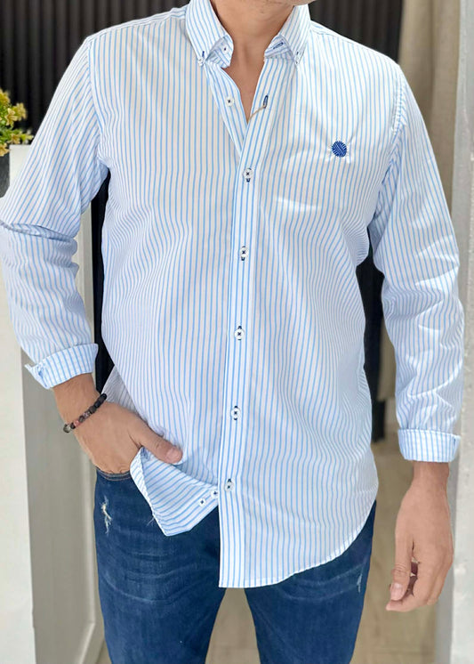 Camisa De Manga Larga A Rayas Azules  MR-1540