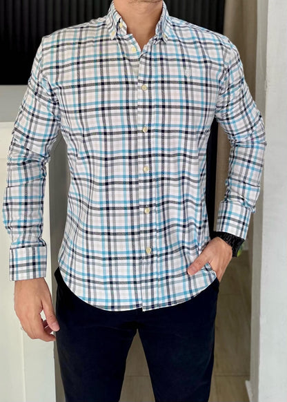 Camisa Manga Larga a Cuadros Blanco, Negro y Azul Cielo en Algodón