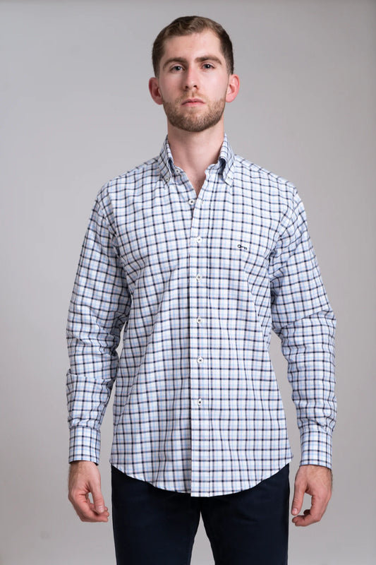 Camisa Oxford Cuadro Azul Cielo Manga Larga