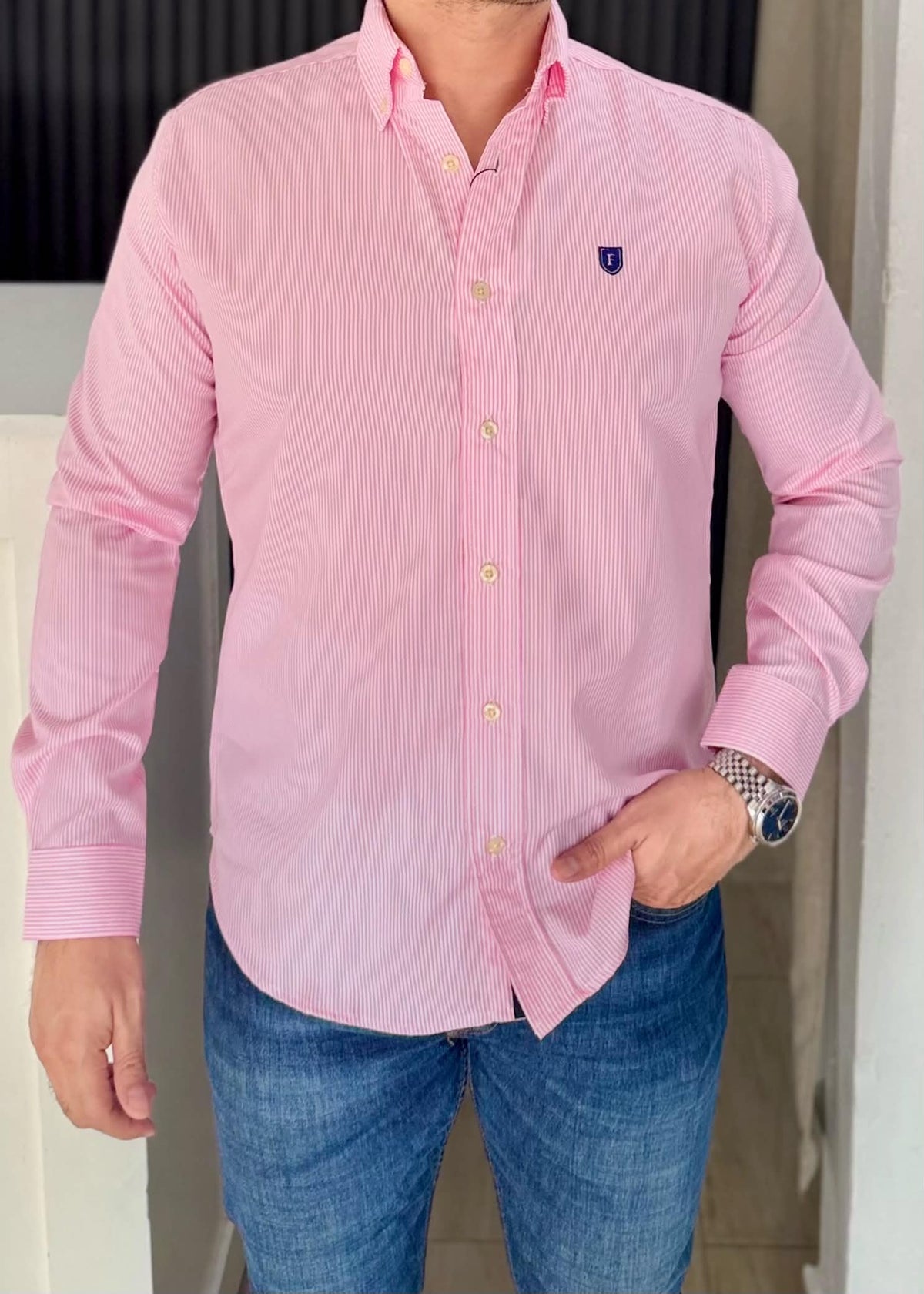 Camisa Manga Larga a Rayas Rosas de Algodón