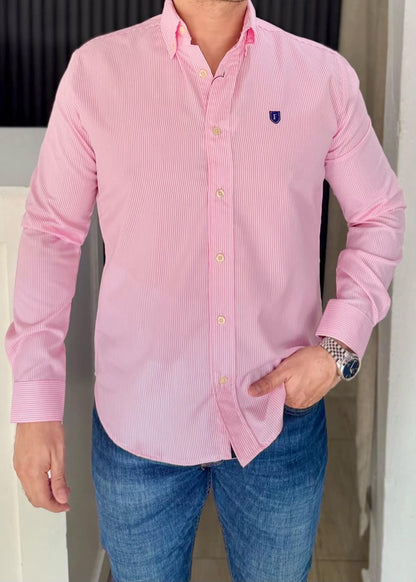 Camisa Manga Larga a Rayas Rosas de Algodón