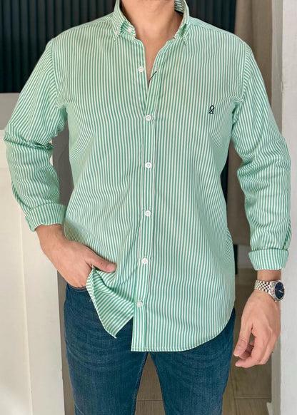 Camisa Manga Larga a Rayas Verdes de Algodón para Hombre