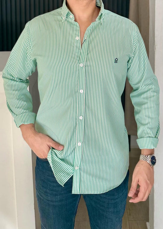 Camisa Manga Larga a Rayas Verdes de Algodón para Hombre
