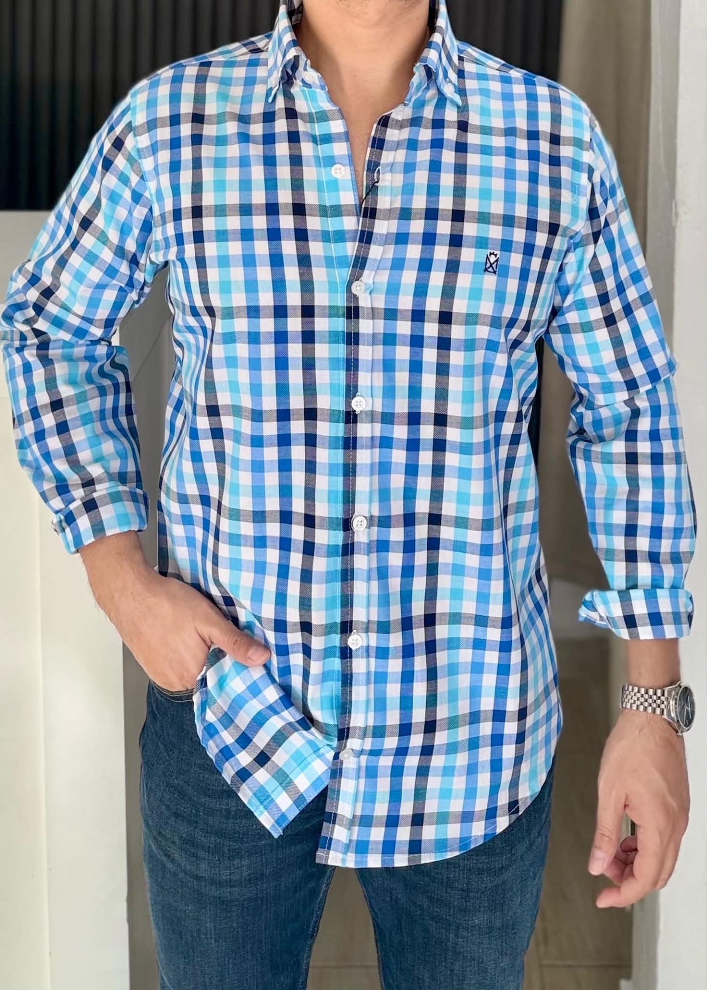 Camisa Manga Larga a Cuadros Azules de Algodón para Hombre