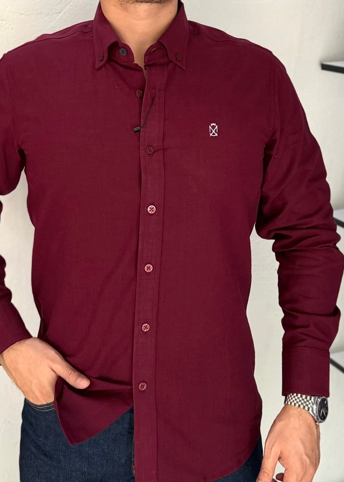 Camisa Manga Larga Color Vino de Lino