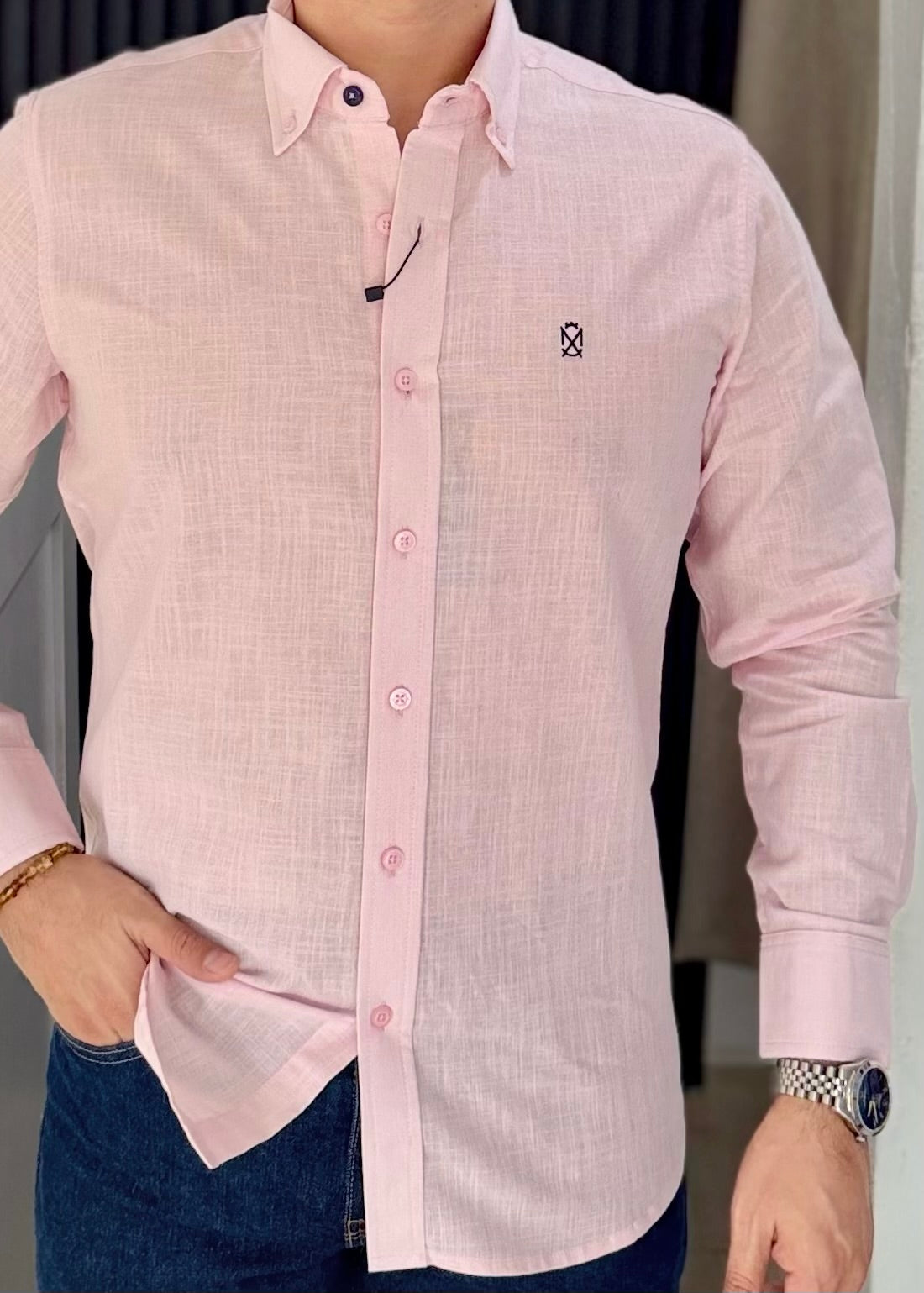 Camisa Manga Larga Color Rosa de Lino