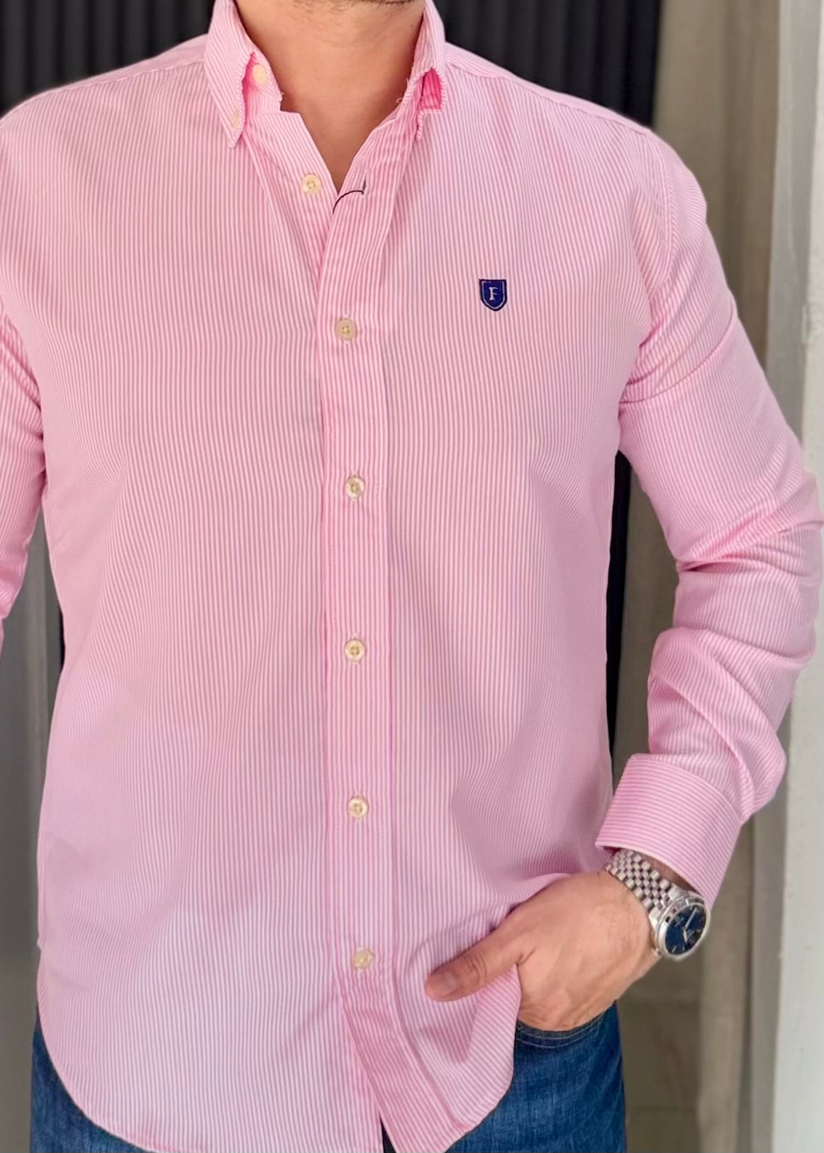 Camisa Manga Larga a Rayas Rosas de Algodón