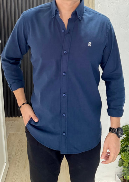 Camisa De Manga Larga Lino Marino Hombre