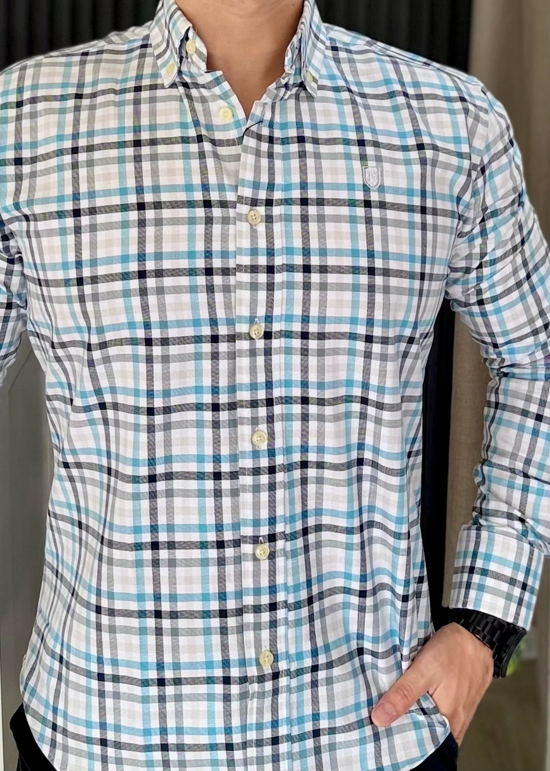 Camisa Manga Larga a Cuadros Blanco, Negro y Azul Cielo en Algodón