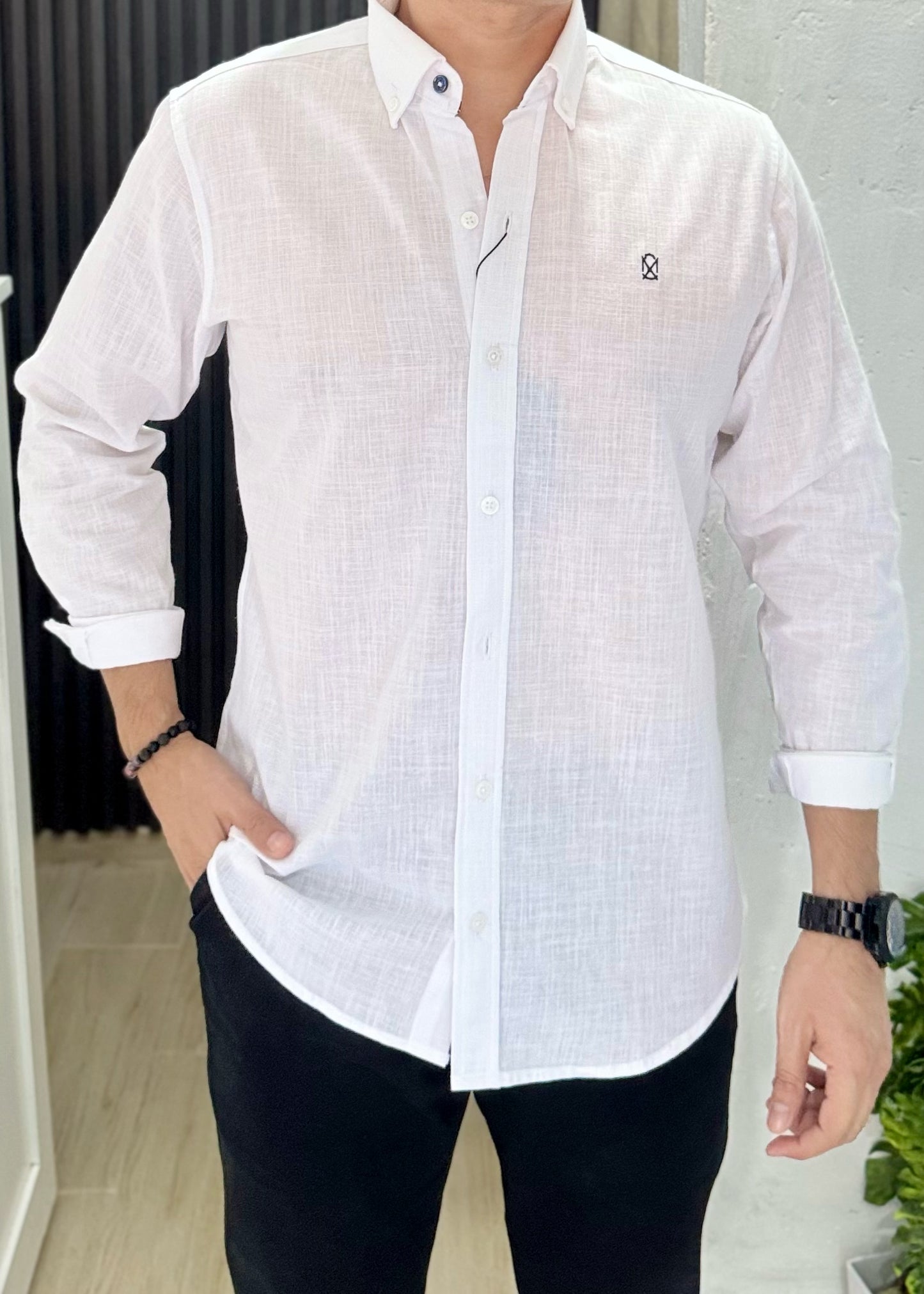 Camisa De Manga Larga Lino Blanco Hombre