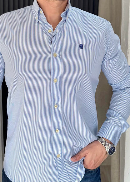 Camisa Manga Larga a Rayas Azules de Algodón