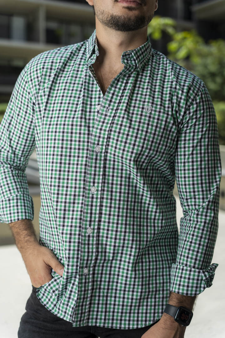 Camisa de Manga Larga Minicuadro Verde, Negro FOR3201