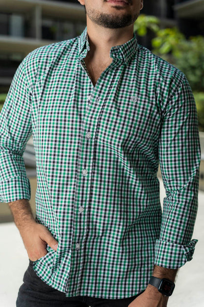 Camisa de Manga Larga Minicuadro Verde, Negro FOR3201