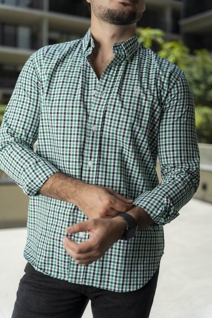 Camisa de Manga Larga Minicuadro Verde, Negro FOR3201