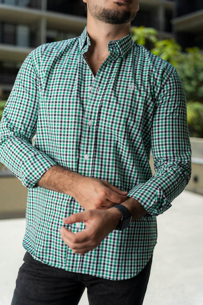 Camisa de Manga Larga Minicuadro Verde, Negro FOR3201