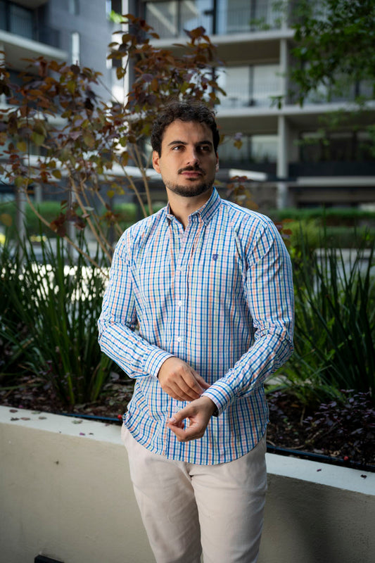 Camisa de Manga Larga Minicuadros Verde, naranja, cielo y rosa FOR 3205