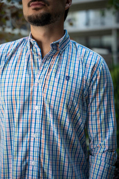 Camisa de Manga Larga Minicuadros Verde, naranja, cielo y rosa FOR 3205