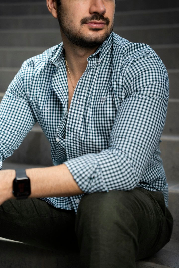 Camisa de Manga Larga Minicuadro Verde, Blanco, Azul  FOR3239