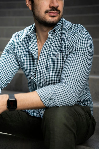 Camisa de Manga Larga Minicuadro Verde, Blanco, Azul  FOR3239