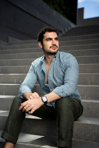 Camisa de Manga Larga Minicuadro Verde, Blanco, Azul  FOR3239