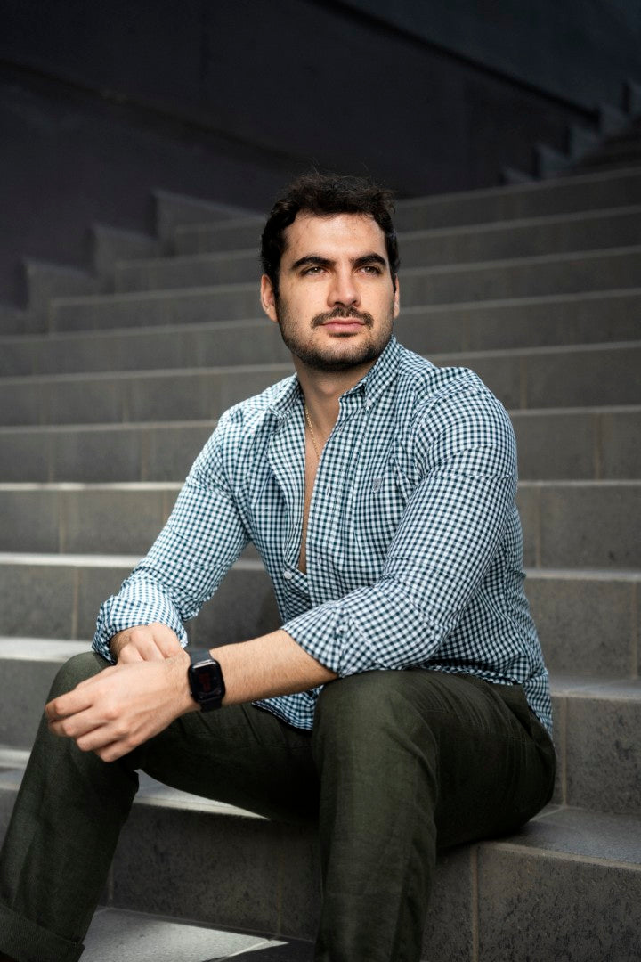 Camisa de Manga Larga Minicuadro Verde, Blanco, Azul  FOR3239