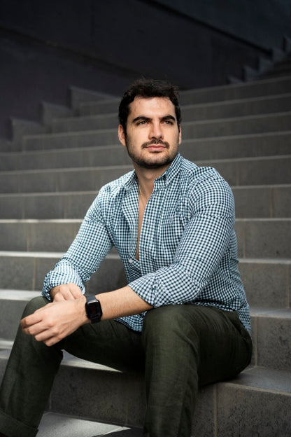 Camisa de Manga Larga Minicuadro Verde, Blanco, Azul  FOR3239