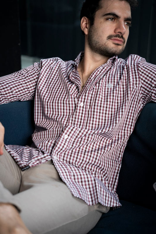 Camisa de Manga Larga Mini Cuadros Vino, Blanco FOR3241