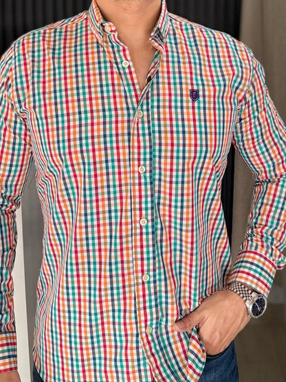 Camisa Manga Larga de Minicuadros Multicolor en Algodón con Bambú