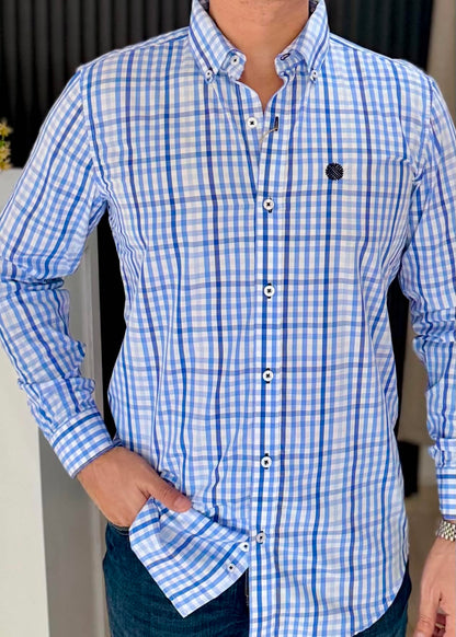 Camisa de Manga Larga Corte Fit MiniCuadros Azules