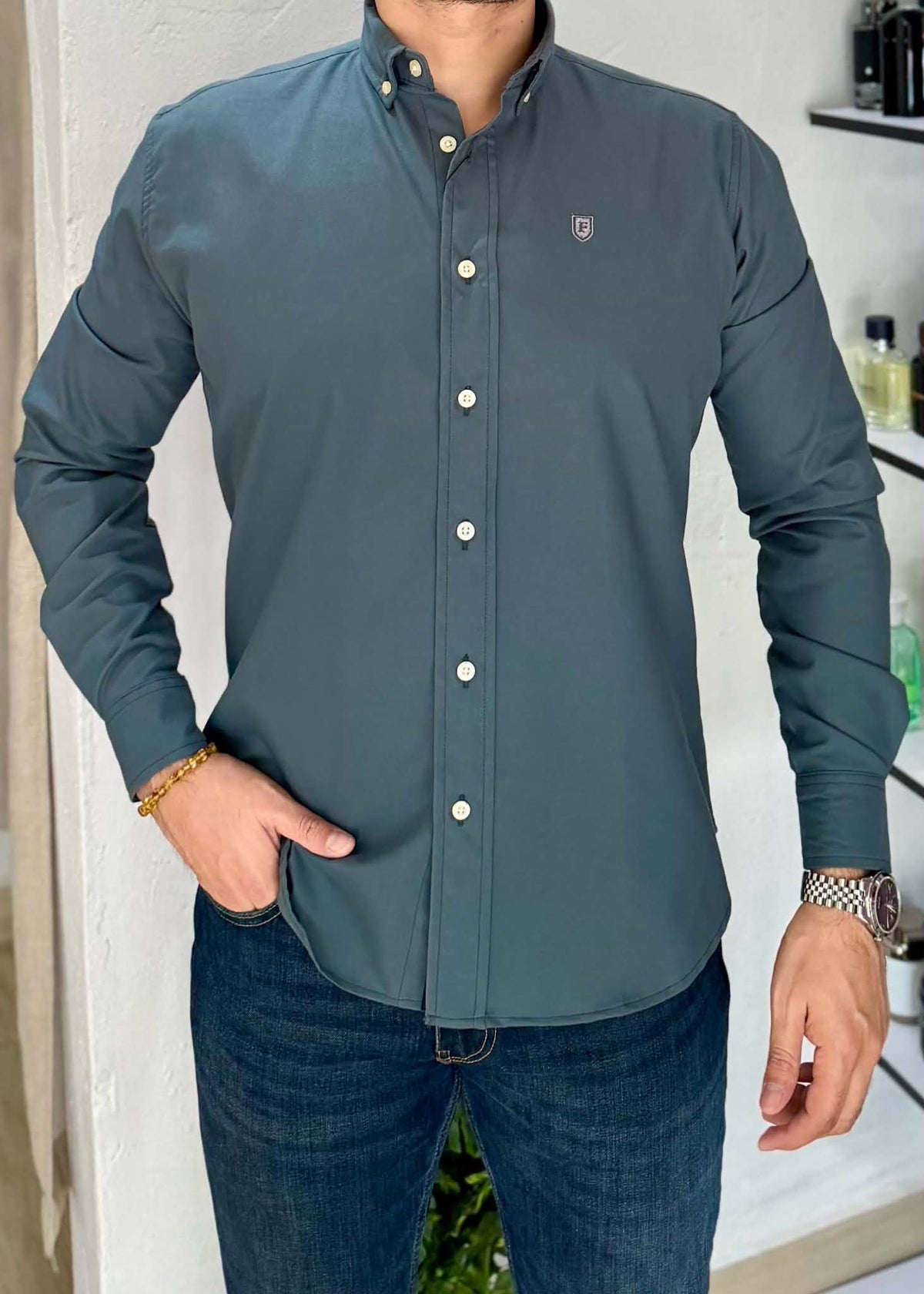 Camisa Manga Larga Color Azul Petróleo