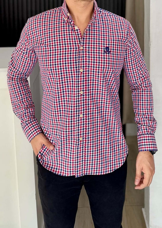 Camisa Manga Larga de Minicuadros Rojo y Azul en Algodón