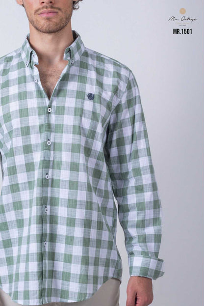 Camisa De Manga Larga A Cuadros Verdes MR-1501
