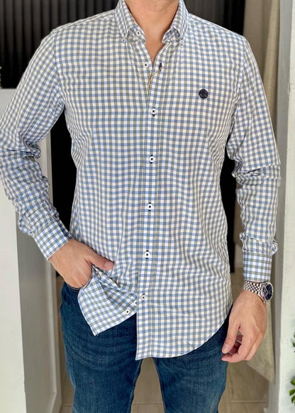 Camisa de Manga Larga Corte Fit MiniCuadros Grises