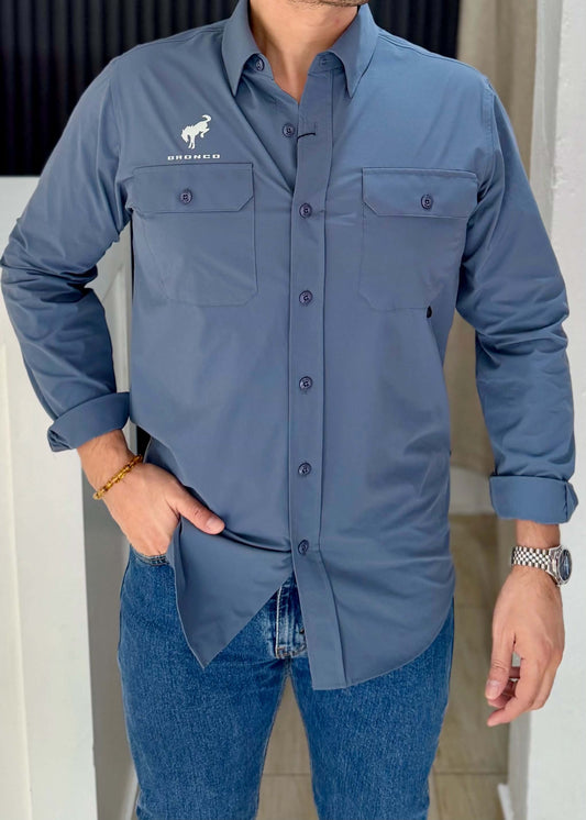 Camisa Manga Larga Azul con Doble Bolsa