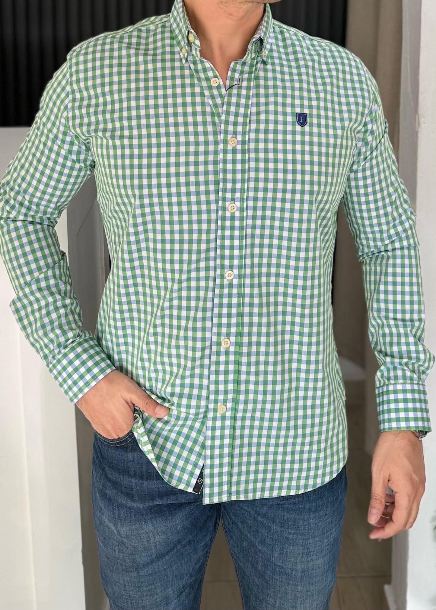 Camisa Manga Larga de Minicuadros Verdes en Algodón con Bambú | Fresca, Ligera y Suave