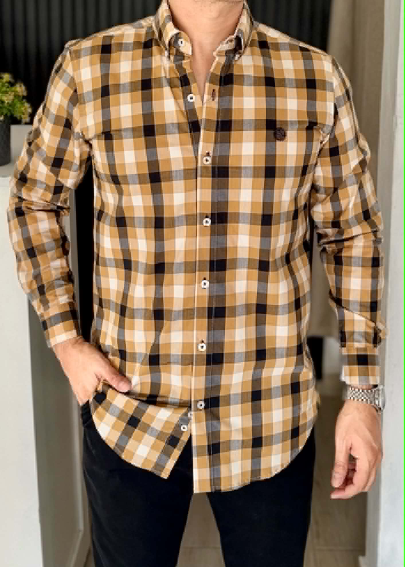Camisa Corte Fit Cuadros Negro,Amarillo,Blanco | Frescura en cada detalle