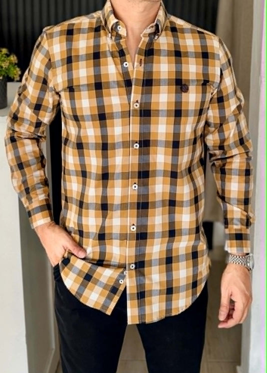 Camisa Corte Fit Cuadros Negro,Amarillo,Blanco | Frescura en cada detalle