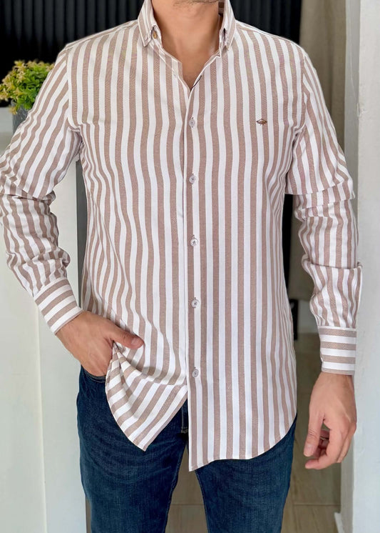 Camisa Manga Larga a Rayas Beige de Algodón para Hombre | Botones de Madera y Estilo Elegante