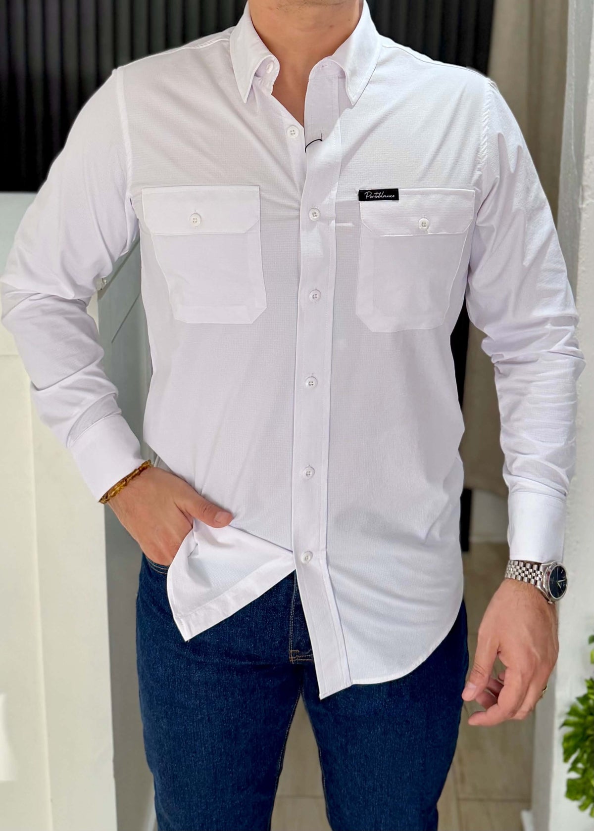Camisa Manga Larga Blanco con Doble Bolsa