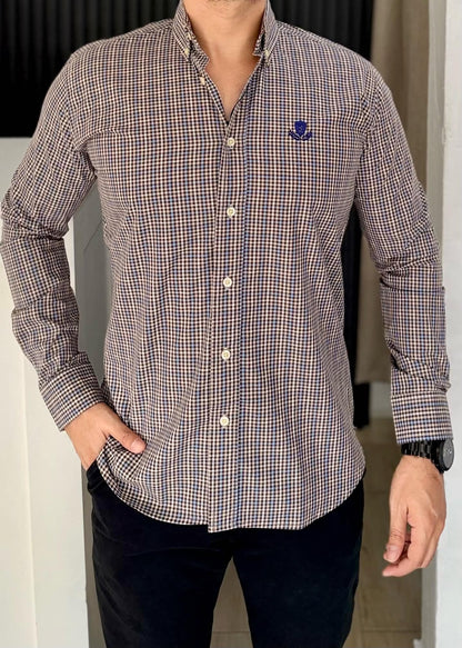 Camisa Manga Larga de Minicuadros Azul Cielo y Café en Algodón