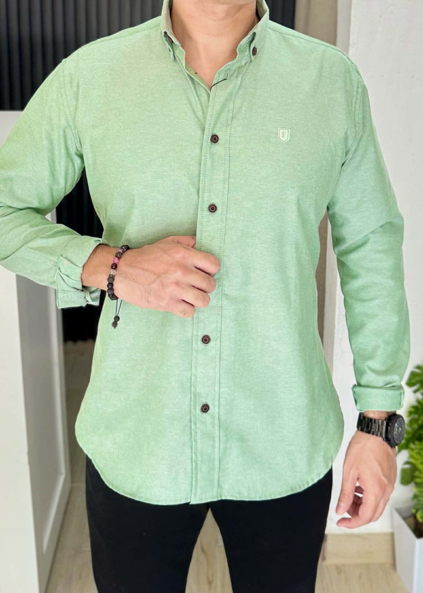 Camisa de Manga Larga Verde Pistache Oxford FOR 3304